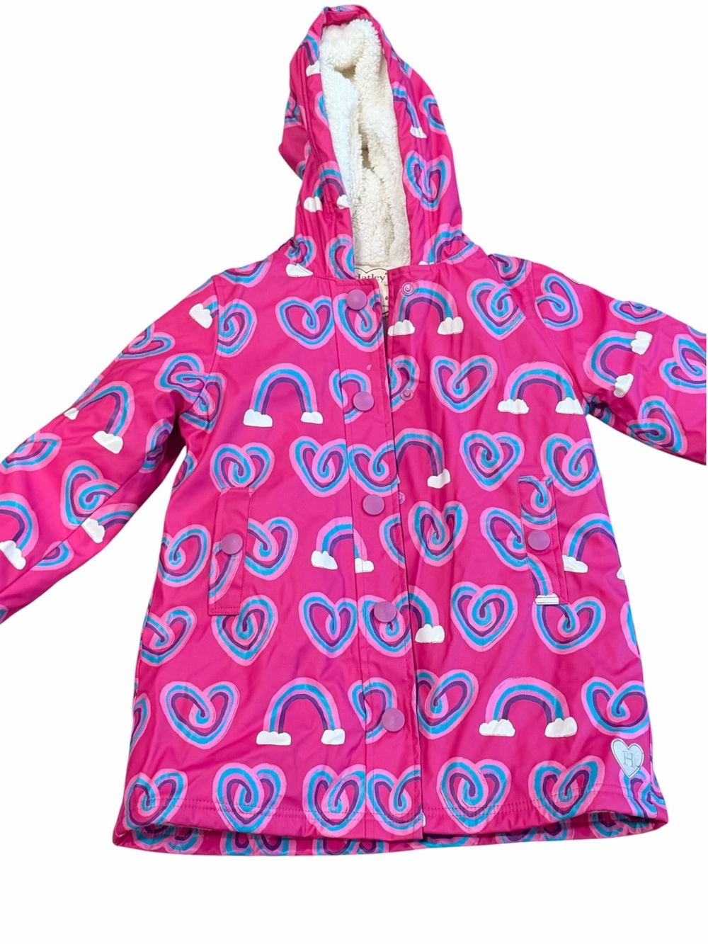 Like New, Hatley,  Pink Rainbow & Heart Hooded Sherpa Lined Raincoat, Size 7